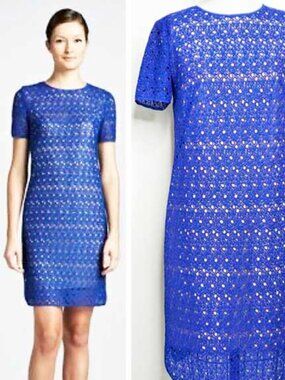 Akris Punto Womens Blue Lace Illusion Dress with Nude Slip 8